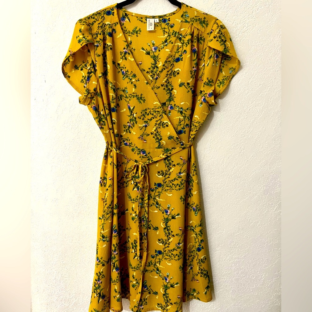 Yellow Wrap Dress Floral Print Spring Summer Wrap Dress - Missmoly Women's Large